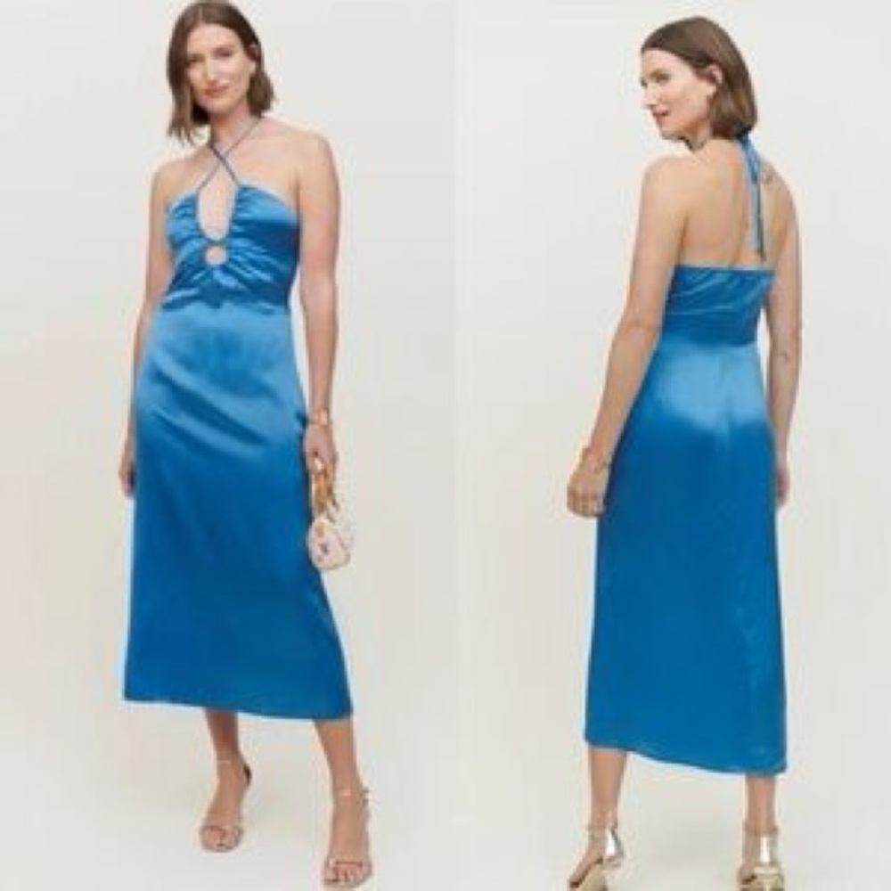 Reformation Antoni Keyhole Silk-Satin Midi Dress in Grotto Blue, Size 6,$249